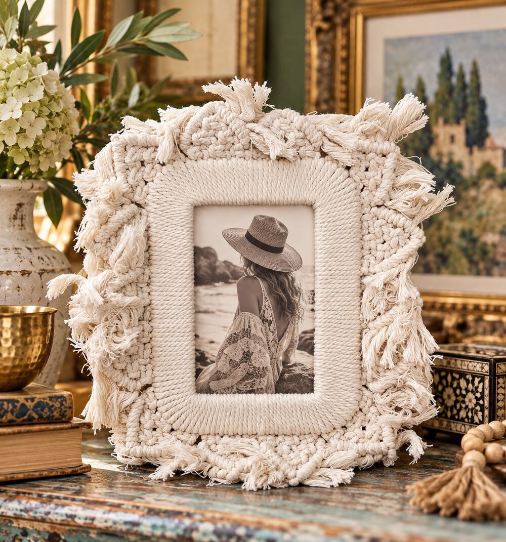 Boho Macrame Fringe Photo Frame 3.25x5.25 Anthropologie Inspired Wall Tabletop